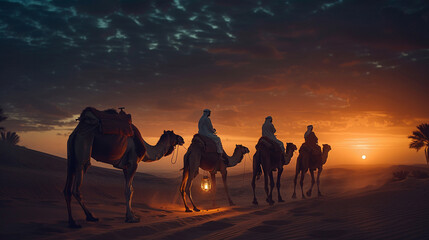 arabic man riding camel in the dessert at the night. light from the lantern.