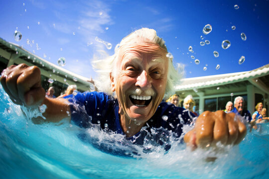 This is fun photo of older man swimming in pool, taken in clear weather. For healthy and active lifestyle and conveys feeling of joy and energy.
