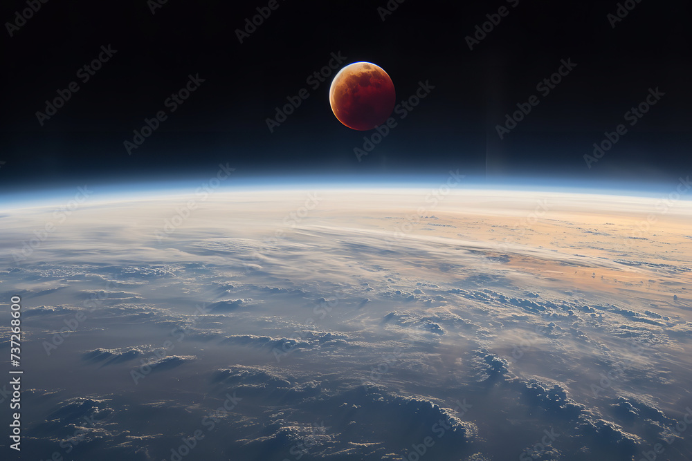 Poster a breathtaking panoramic view of a lunar eclipse as observed from a space station orbiting the Earth. 