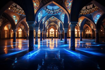 A mosque's interior beautifully decorated with lights