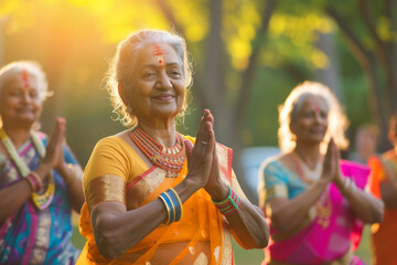 A group of elderly Indian women do yoga and stretch in nature at a local park.