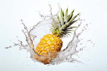 Pineapple falls into water and drops and splashes fly. Fruit on white background with splashes of water.