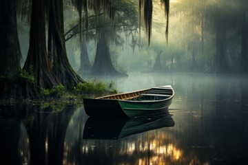 A peaceful reflection of a boat gliding gently through a misty swamp