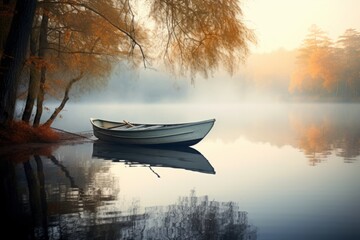 A peaceful reflection of a rowboat floating on a serene pond