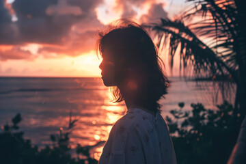Silhouette of a girl on the background of the sea and sunset