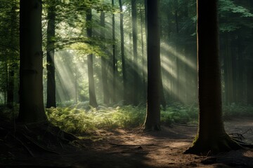 Obraz premium A photograph showcasing the enchanting play of light and shadow in a forest