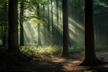 Fototapeten A photograph showcasing the enchanting play of light and shadow in a forest © KerXing