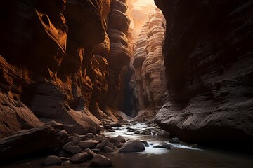 A photograph showcasing the enchanting play of light and shadow in a canyon