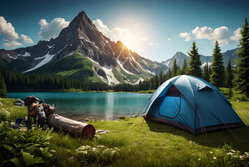 Beautiful Summer tourist tent camping of a mountain generative AI image.
 - obrazy, fototapety, plakaty