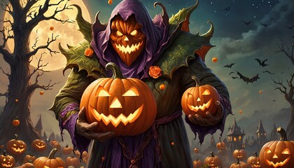 Halloween 2024. Pumpkin monster holds Halloween pumpkins in his hands.