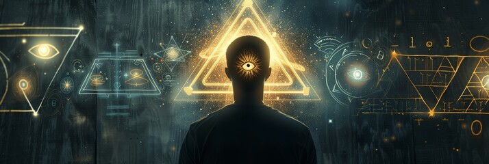 Silhouette of a Man in Mystical View around Occult Symbols Triangle Eye Pentagram with a Third Eye Glowing on his Forehead Background created with Generative AI Technology