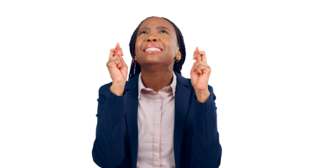 Fingers crossed, business woman and hope for luck with waiting for announcement, news and anxiety for results. Nervous, african person and hand emoji or trust isolated on a png transparent background
