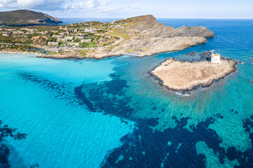 Aerial view La Pelosa beach Sardinia island, Italy.