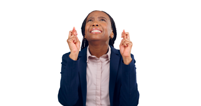 Fingers crossed, business woman and hope for luck with waiting for announcement, news and anxiety for results. Nervous, african person and hand emoji or trust isolated on a png transparent background - Powered by Adobe