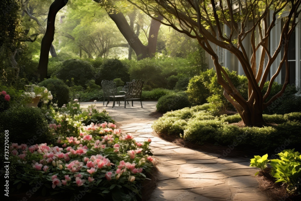 Poster a scenic view of light and shadow creating a serene atmosphere in a garden