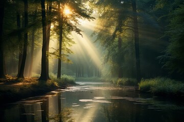 A scenic view of light streaming through misty forests, creating a dreamlike atmosphere