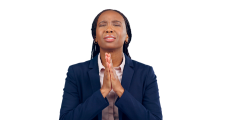 Praying, spiritual or black woman for gratitude, worship or forgiveness of christian with faith. Praise, religion or african professional with prayer hand or isolated on a transparent png background