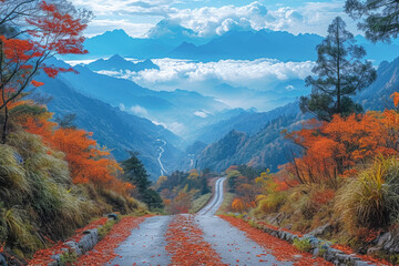 Autumn mountain road in the Himalayas, Annapurna Circuit Trek, Nepal 