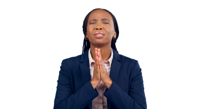 Praying, spiritual or black woman for gratitude, worship or forgiveness of christian with faith. Praise, religion or african professional with prayer hand or isolated on a transparent png background - Powered by Adobe