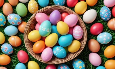 Fototapeta na wymiar Seasonal Delight: Easter Eggs in a Basket Offering a Burst of Color for Your Spring Wallpaper
