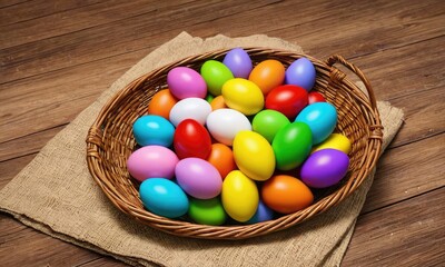 Fototapeta na wymiar Colorful Spring Harmony: Bright Easter Eggs in a Basket Creating a Stunning Wallpaper