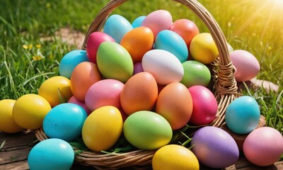 Fototapeta na wymiar Easter Elegance: Vibrant Color Eggs Nestled in a Basket on a Picturesque Spring Day