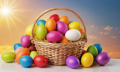 Fototapeta na wymiar Festive Easter Bouquet: Basket Overflowing with Vivid Color Eggs on a Spring Background