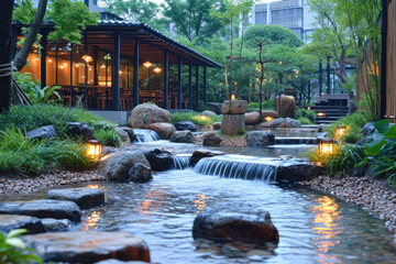 Naklejka premium waterfall in the garden at night in hongkong. 