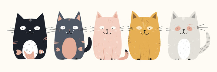 image displays row five cute cartoon cats smiling vector illustration
