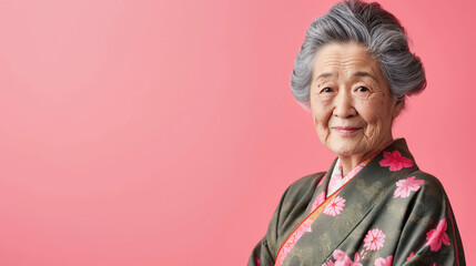 Japanese old woman in kimono smiling and looking at camera. Generative AI.