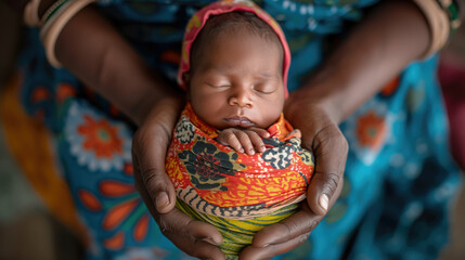 African newborn baby holding in hands. Generative AI. - obrazy, fototapety, plakaty