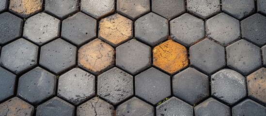 A detailed shot of a hexagonal tile floor featuring a bright yellow hexagon in the center, creating a bold pattern. The flooring is made of composite material and resembles a mesh design