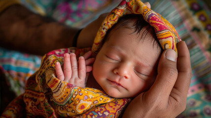 Latin newborn baby holding in hands. Generative AI.