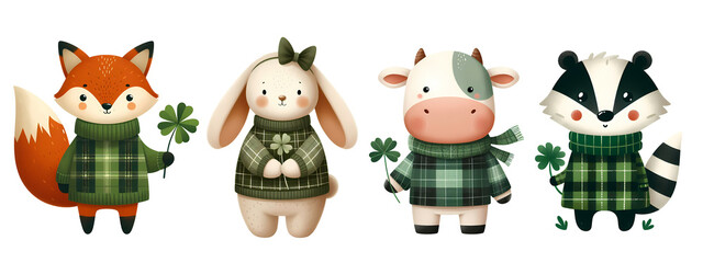 Fototapeta premium Cute cartoon Fox, rabbit, cow, badger in St. Patrick's Day outfit wearing green plaid sweater, organic shapes, holding a clover leaf, transparent background