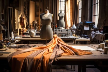 A tailor's cutting table with fabrics poised for fashion transformation