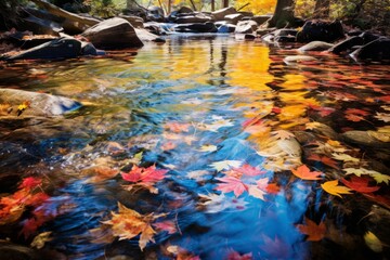 A vibrant reflection of colorful autumn foliage in the clear waters of a creek
