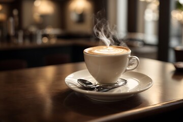 Morning Refreshment: Hot Drink in a Coffee Cup on the Table with Steam and Smoke