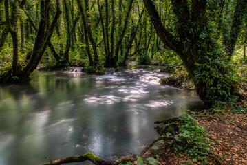 Turquoise color of water in the summer on the river Janj