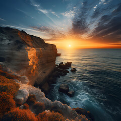 Panoramic view of a coastal cliff at sunset. 
