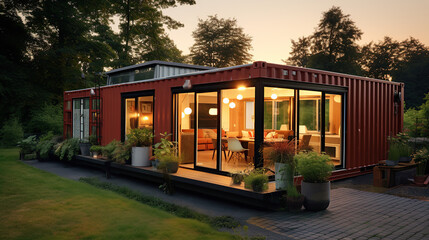 horizontal image of a tiny container house at sunset Generative AI - obrazy, fototapety, plakaty