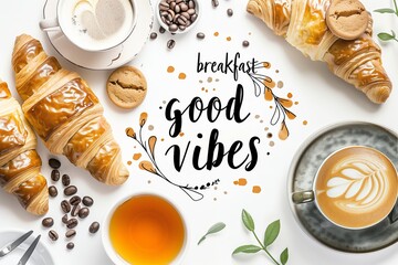 Illustration of a white placemat with a breakfast scene, featuring coffee, milk, croissants, apricot jam, cookies, and coffee beans. 'Good vibes' and 'breakfast' are written on it.