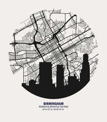 vector map of the city of Birmingham, Alabama, United States. Black and white for home walls and posters