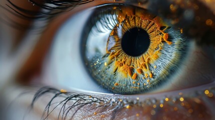 Human Eye Macro, a close-up of a human eye, capturing the intricate details and reflections. - obrazy, fototapety, plakaty