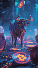 Fototapeta premium A bull standing firm on a digital platform surrounded by floating Bitcoins and altcoins depicting market dominance