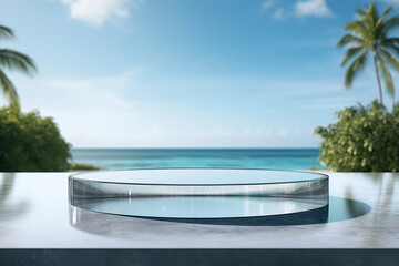 Fototapeta na wymiar Glass circular podium with water reflections on a tranquil pool background. (Generative AI)