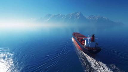 A majestic cargo ship slicing through the deep blue sea distant mountains on the horizon under a clear sky