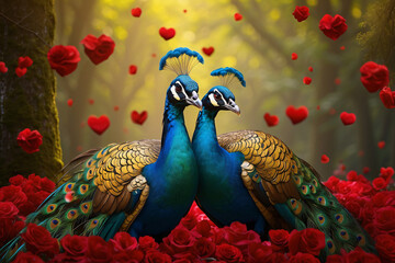 Fototapeta premium peacock carrying a heart shaped valentine