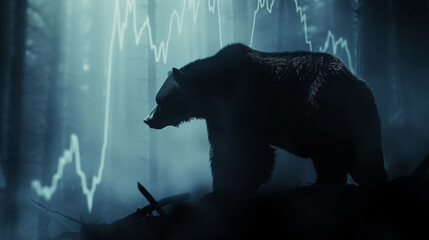 A towering bear shadow looming over a dimly lit stock market chart symbolizing a market downturn - obrazy, fototapety, plakaty