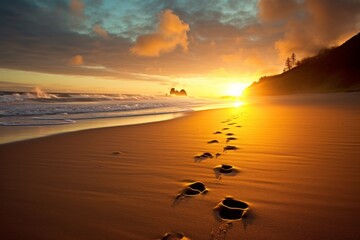 Footprints in the sand leading towards the sunrise