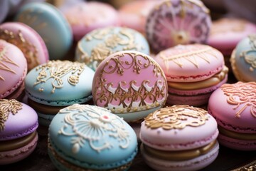 Fototapeta na wymiar Handmade macarons with pastel colors and intricate designs